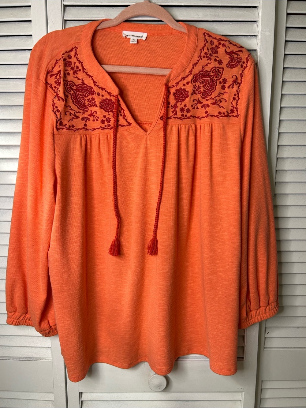 Westbound Embroidered Orange Peasant Top with Tassel Tie Size XL
